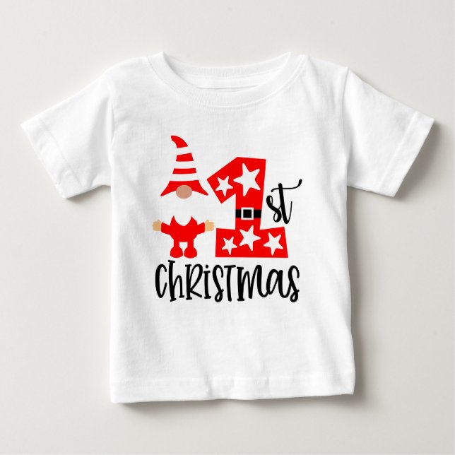 Camiseta Para Bebê Meu 1º Natal Gnome Bonito Papai Noel Moderno (Frente)