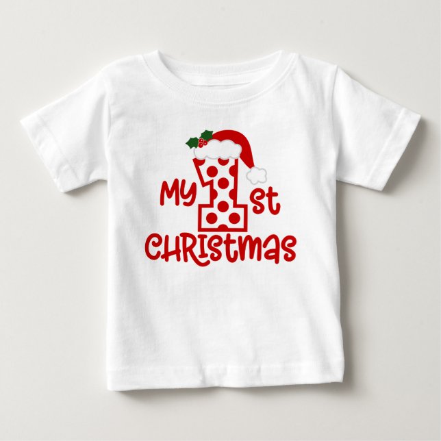 Camiseta Para Bebê Meu 1º Natal Lindo Chapéu de Papai Noel com Bolinh (Frente)