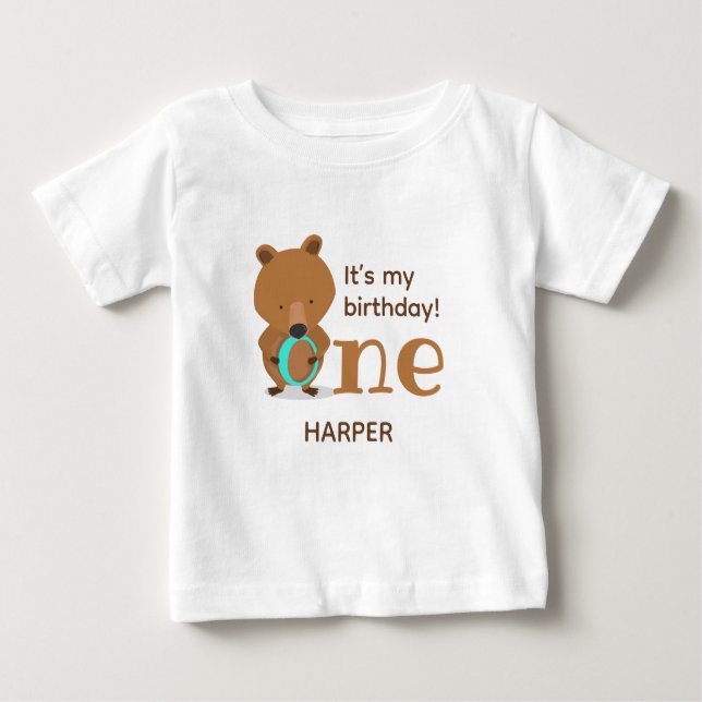 Camiseta Para Bebê Meu Aniversário Urso Um Nome Primeiro Aniversário (Frente)