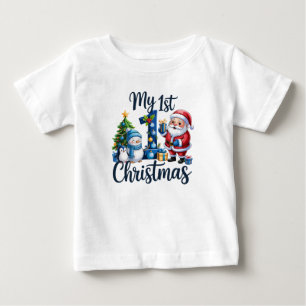 Camiseta Para Bebê Meu Primeiro 1º Natal Azul Bebê Menino Xmas Boneco