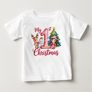 Camiseta Para Bebê Meu Primeiro 1º Natal Rosa Menina Bebê Xmas Boneco