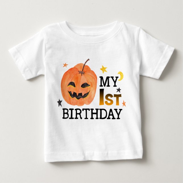 Camiseta Para Bebê Meu Primeiro Aniversário Pumpkin Halloween outono  (Frente)