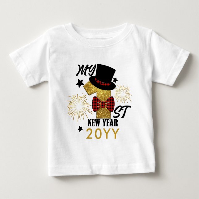 Camiseta Para Bebê Meu Primeiro Ano Novo Garotinho Dourado (Frente)