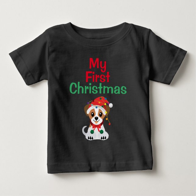 Camiseta Para Bebê Meu Primeiro Cachorro de Natal, Jack Russell (Frente)
