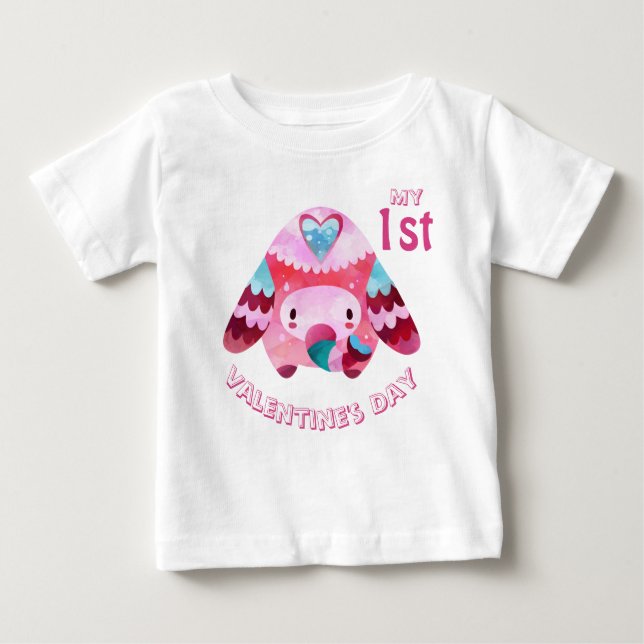 Camiseta Para Bebê Meu Primeiro Dia de os namorados, Elefante-Bebê Ro (Frente)