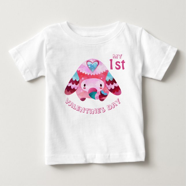 Camiseta Para Bebê Meu Primeiro Dia dos Namorados Elefante Bebê Rosa (Frente)