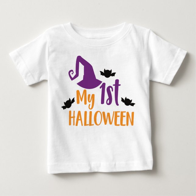 Camiseta Para Bebê Meu Primeiro Halloween, Chapéu de Bruxas, Chapéu P (Frente)