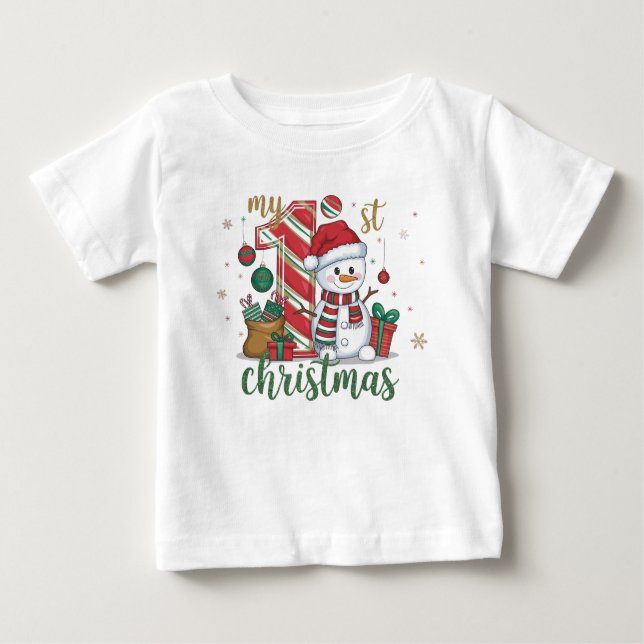 Camiseta Para Bebê Meu Primeiro Homem de Neve Bonito de Natal (Frente)