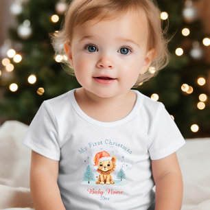 Camiseta Para Bebê Meu Primeiro Natal Bebê Lion Nome Personalizado