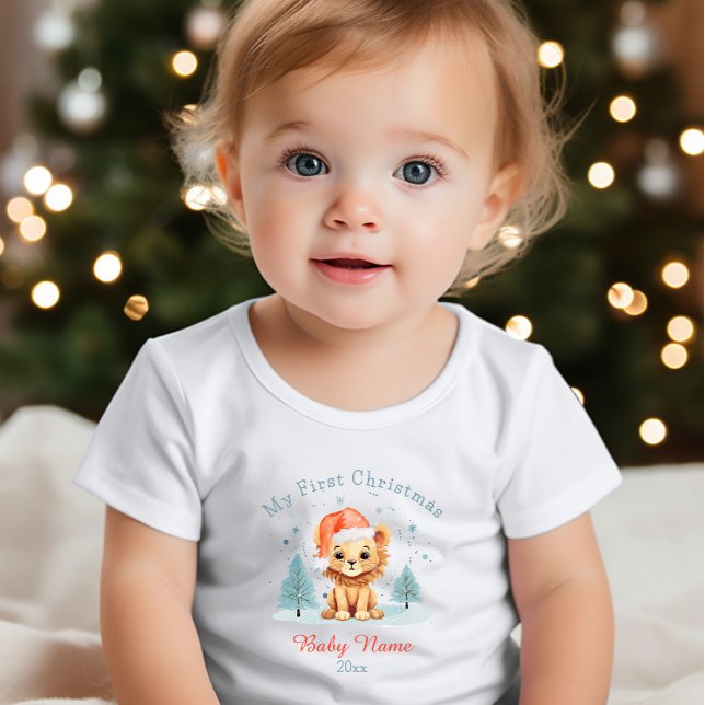Camiseta Para Bebê Meu Primeiro Natal Bebê Lion Nome Personalizado (Criador carregado)