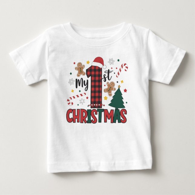 Camiseta Para Bebê Meu Primeiro Natal Biscoito de Gengibre Bastão de  (Frente)