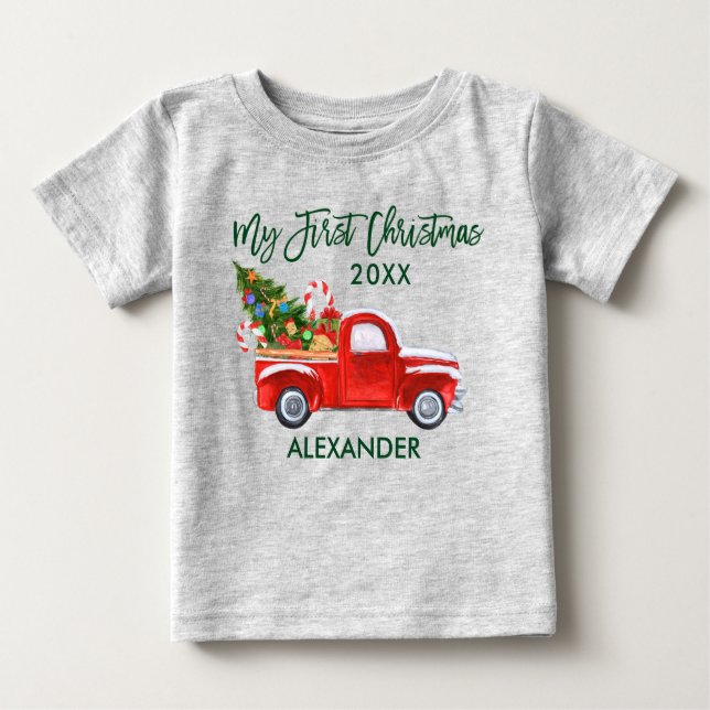 Camiseta Para Bebê Meu Primeiro Natal, Cinza de doces de caminhão ver (Frente)