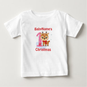 Camiseta Para Bebê Meu Primeiro Natal com nome de rena fofa