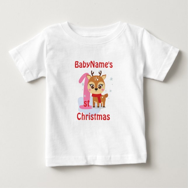 Camiseta Para Bebê Meu Primeiro Natal com nome de rena fofa (Frente)