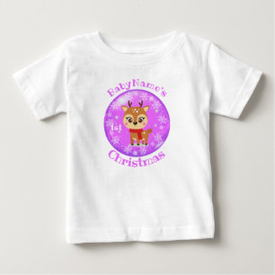 Camiseta Para Bebê Meu Primeiro Natal com Nome Rena Fofa Roxa