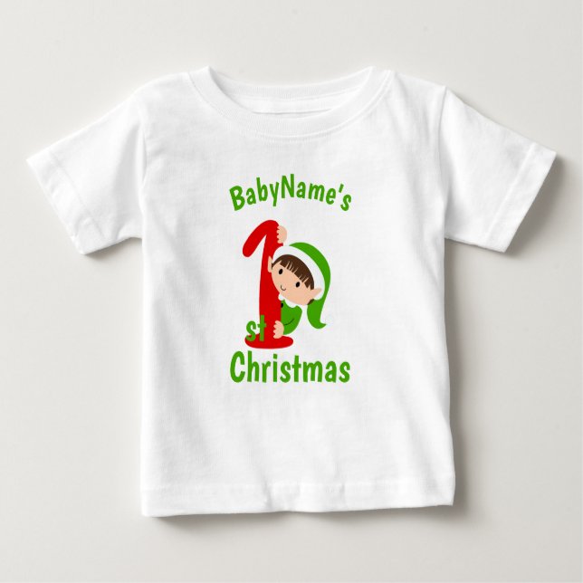 Camiseta Para Bebê Meu Primeiro Natal com o nome de elfo verde (Frente)