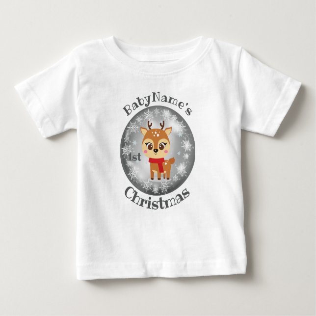 Camiseta Para Bebê Meu Primeiro Natal com o nome de prata de rena fof (Frente)