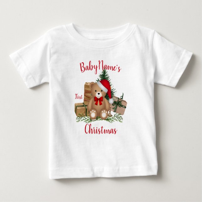 Camiseta Para Bebê Meu Primeiro Natal com o nome de presentes bonitin (Frente)