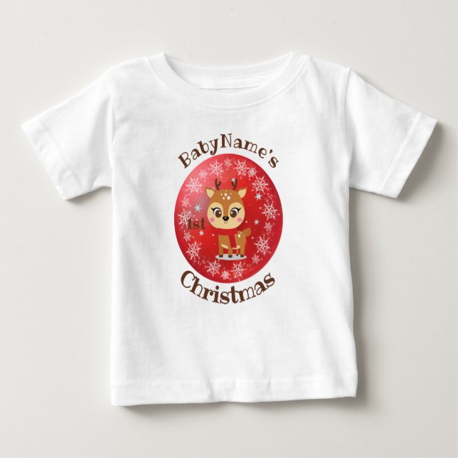 Camiseta Para Bebê Meu Primeiro Natal com o nome de rena vermelha (Frente)