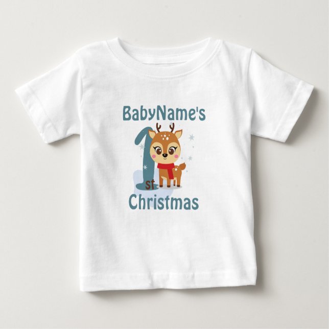 Camiseta Para Bebê Meu Primeiro Natal com o nome de renas bonitinhas (Frente)