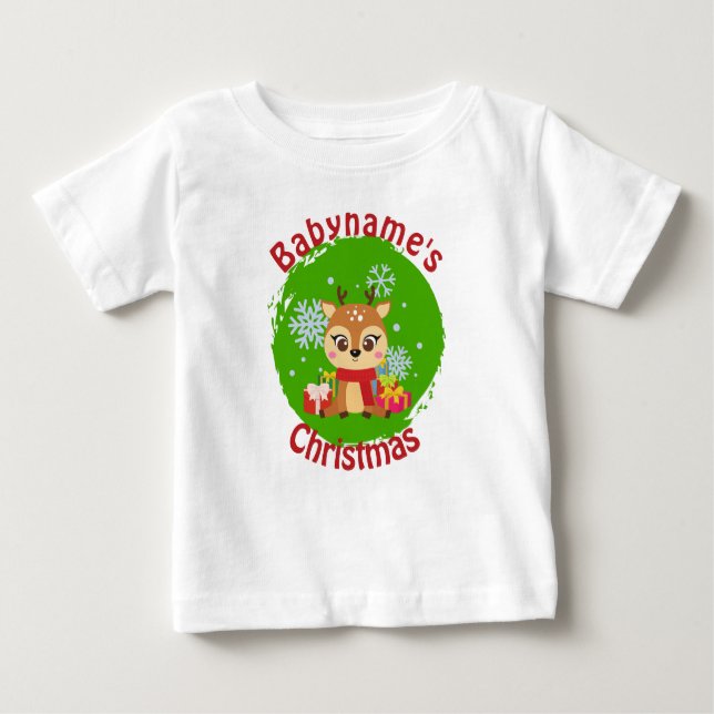Camiseta Para Bebê Meu Primeiro Natal com o nome de renas bonitinhas  (Frente)