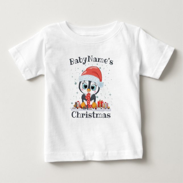 Camiseta Para Bebê Meu Primeiro Natal com o nome de rua de pinguim gi (Frente)