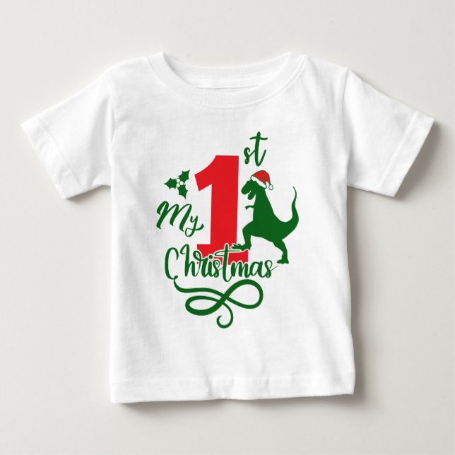 Camiseta Para Bebê Meu Primeiro Natal Dinossauro Bonito Dino (Frente)