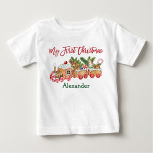 Camiseta Para Bebê Meu Primeiro Natal É Comboio De Gingerpão Vermel