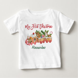 Camiseta Para Bebê Meu Primeiro Natal É Comboio De Gingerpão Vermelho
