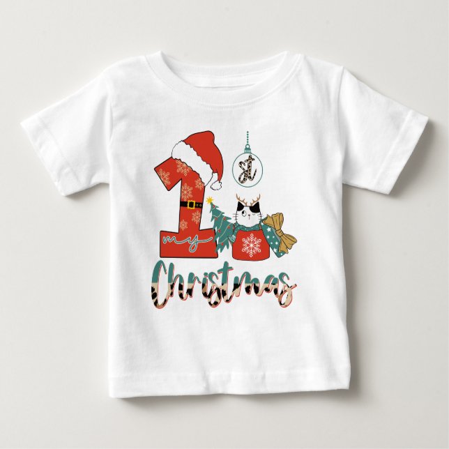 Camiseta Para Bebê Meu Primeiro Natal Gatinho Fofo (Frente)