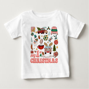 Camiseta Para Bebê Meu Primeiro Natal Imagens Retro Divertidas e Fofa