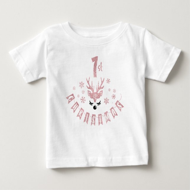Camiseta Para Bebê Meu Primeiro Natal, Moderno Rosa e White Reindeer (Frente)