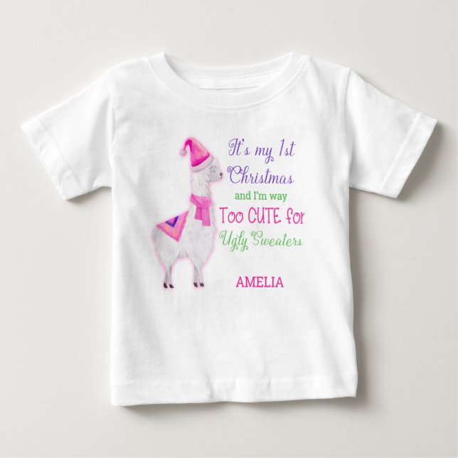 Camiseta Para Bebê Meu Primeiro Natal Muito Bonito para Garota Feia (Frente)