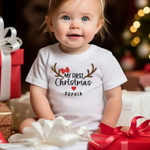 Camiseta Para Bebê Meu Primeiro Natal Nome Menina Rena