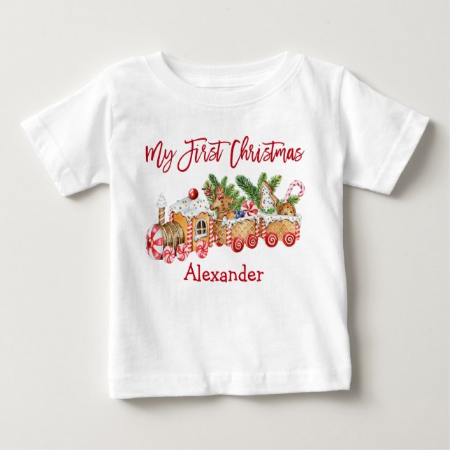 Camiseta Para Bebê Meu Primeiro Natal Pão De Gengibre Treina Red Cand (Frente)