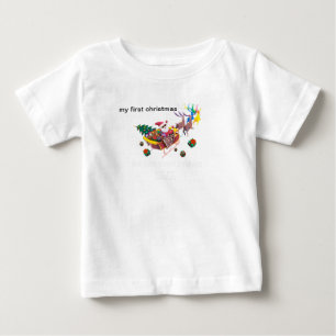 Camiseta Para Bebê meu primeiro natal papai noel e trenó