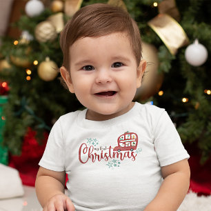 Camiseta Para Bebê Meu Primeiro Natal Papai Noel Ônibus Vermelho Scri