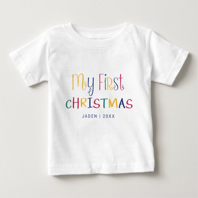 Camiseta Para Bebê Meu Primeiro Natal Personalizado Feriado de Bebê C (Frente)