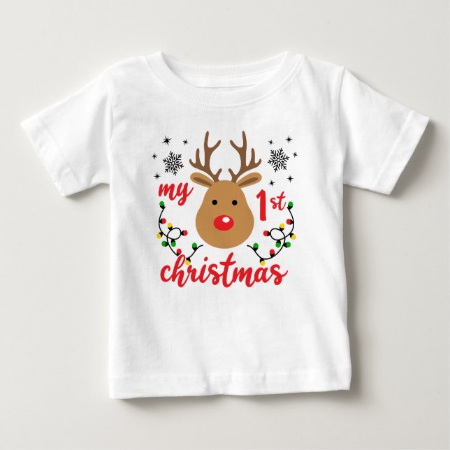 Camiseta Para Bebê Meu Primeiro Natal Rena Moderna Fofo Flocos de Nev (Frente)
