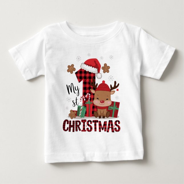 Camiseta Para Bebê Meu Primeiro Natal Rena Xadrez Vermelho Fofo (Frente)