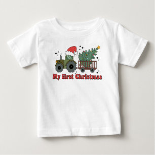 Camiseta Para Bebê Meu Primeiro Natal Trator de Fazenda Fofo