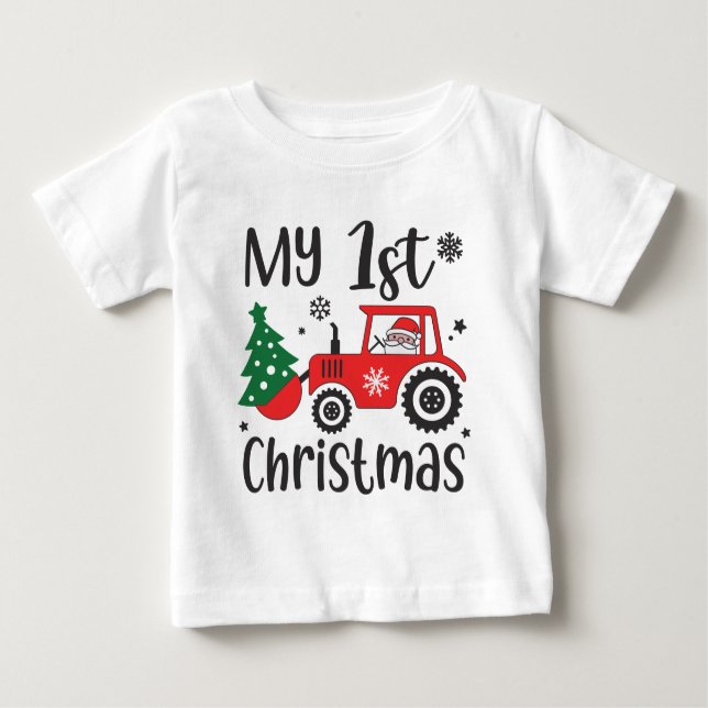 Camiseta Para Bebê Meu Primeiro Natal Trator do Papai Noel Fofo Fazen (Frente)