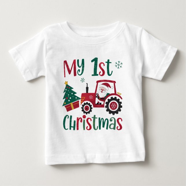 Camiseta Para Bebê Meu Primeiro Natal Trator do Papai Noel Fofo na Fa (Frente)