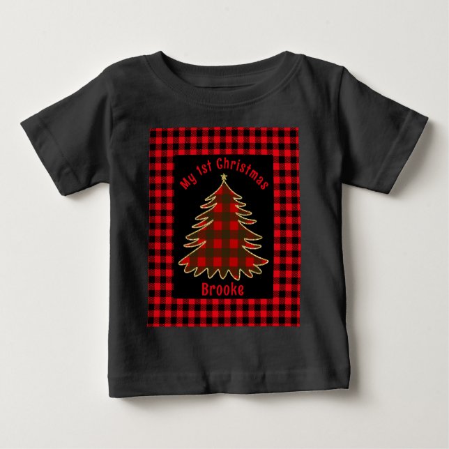 Camiseta Para Bebê Meu Primeiro nome de natal é árvore de xmas vermel (Frente)