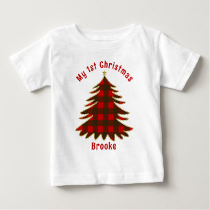 Camiseta Para Bebê Meu Primeiro nome de natal é árvore de xmas vermel
