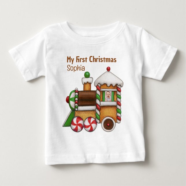 Camiseta Para Bebê Meu primeiro nome personalizado de Natal é um trem (Frente)