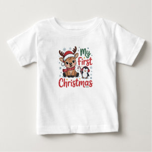 Camiseta Para Bebê Meu Primeiro Pinguim Rena de Natal com Data
