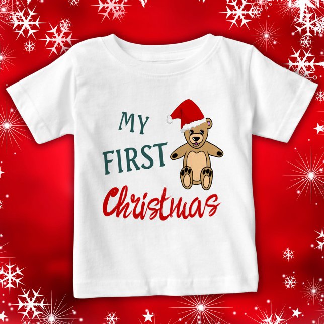 Camiseta Para Bebê Meu Urso de Pelúcia de Natal com Chapéu de Papai N (Criador carregado)