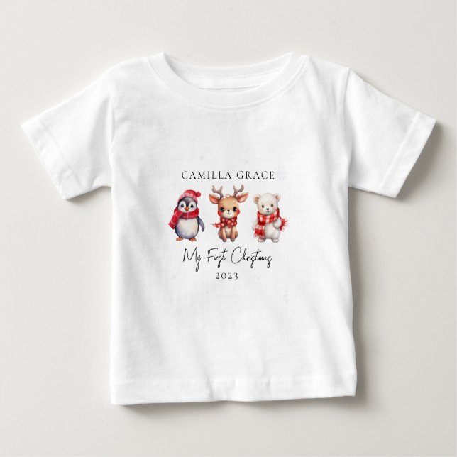 Camiseta Para Bebê Meus Primeiros Animais Fofos de Natal 1rua Nome de (Frente)