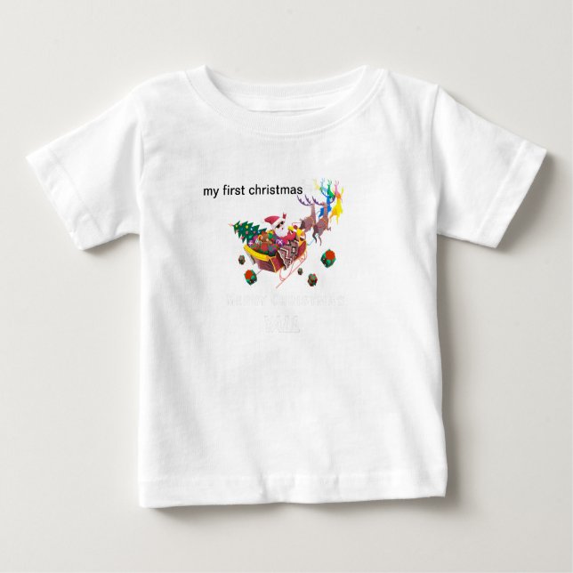 Camiseta Para Bebê meus primeiros papais noeis de natal e trenó (Frente)